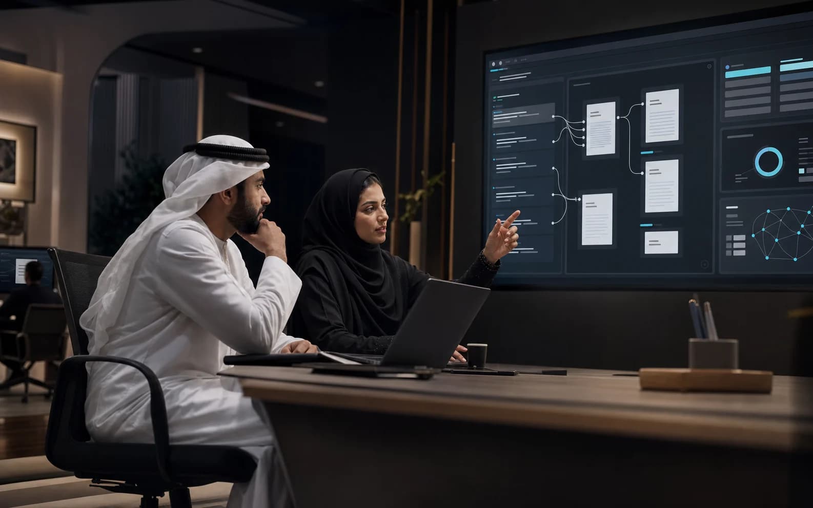 Enterprise knowledge specialists reviewing an AI-assisted document retrieval workflow