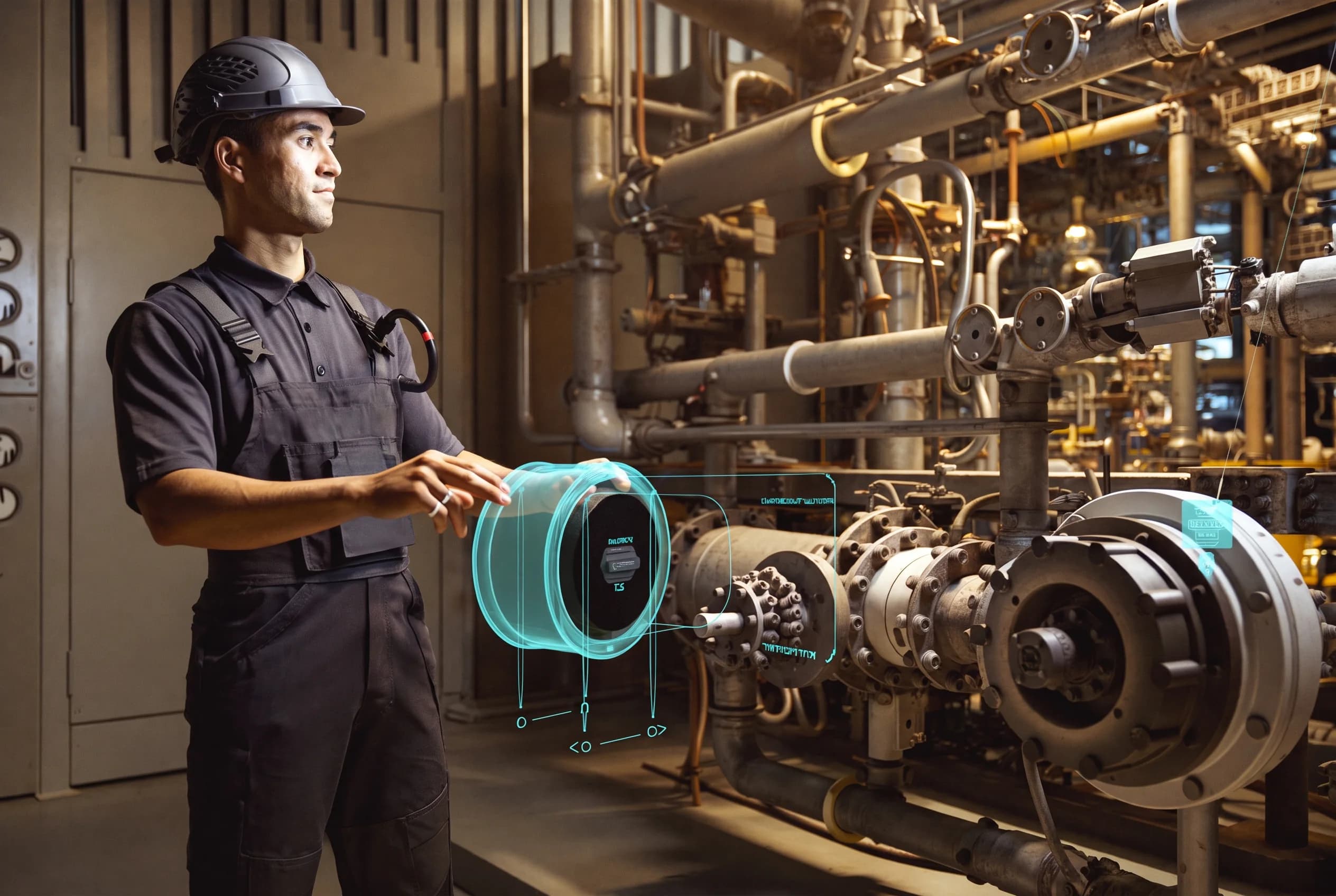 Industrial technician using spatial guidance while inspecting energy facility equipment
